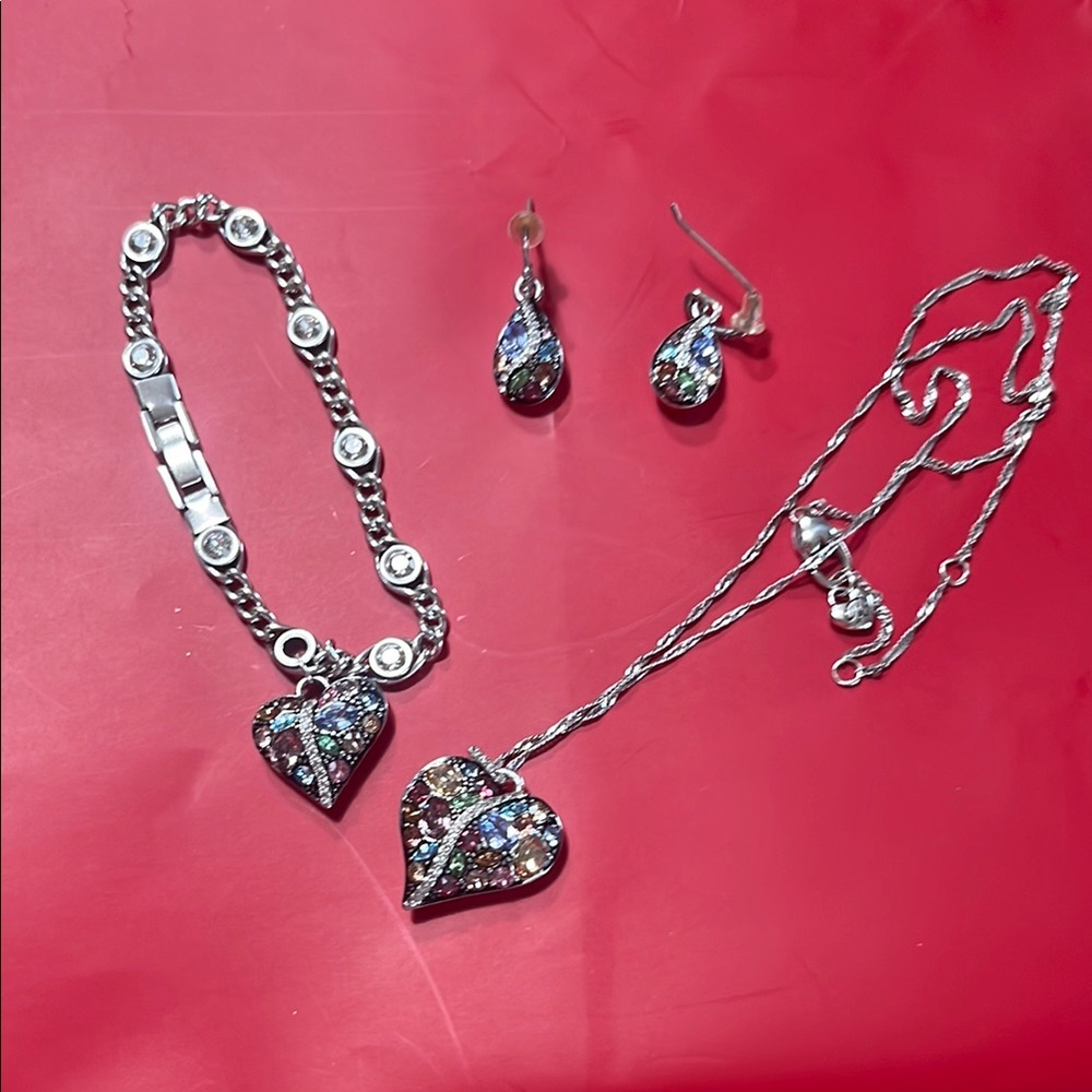 Brighton Silver Heart Necklace Set with Sparkling Crystals